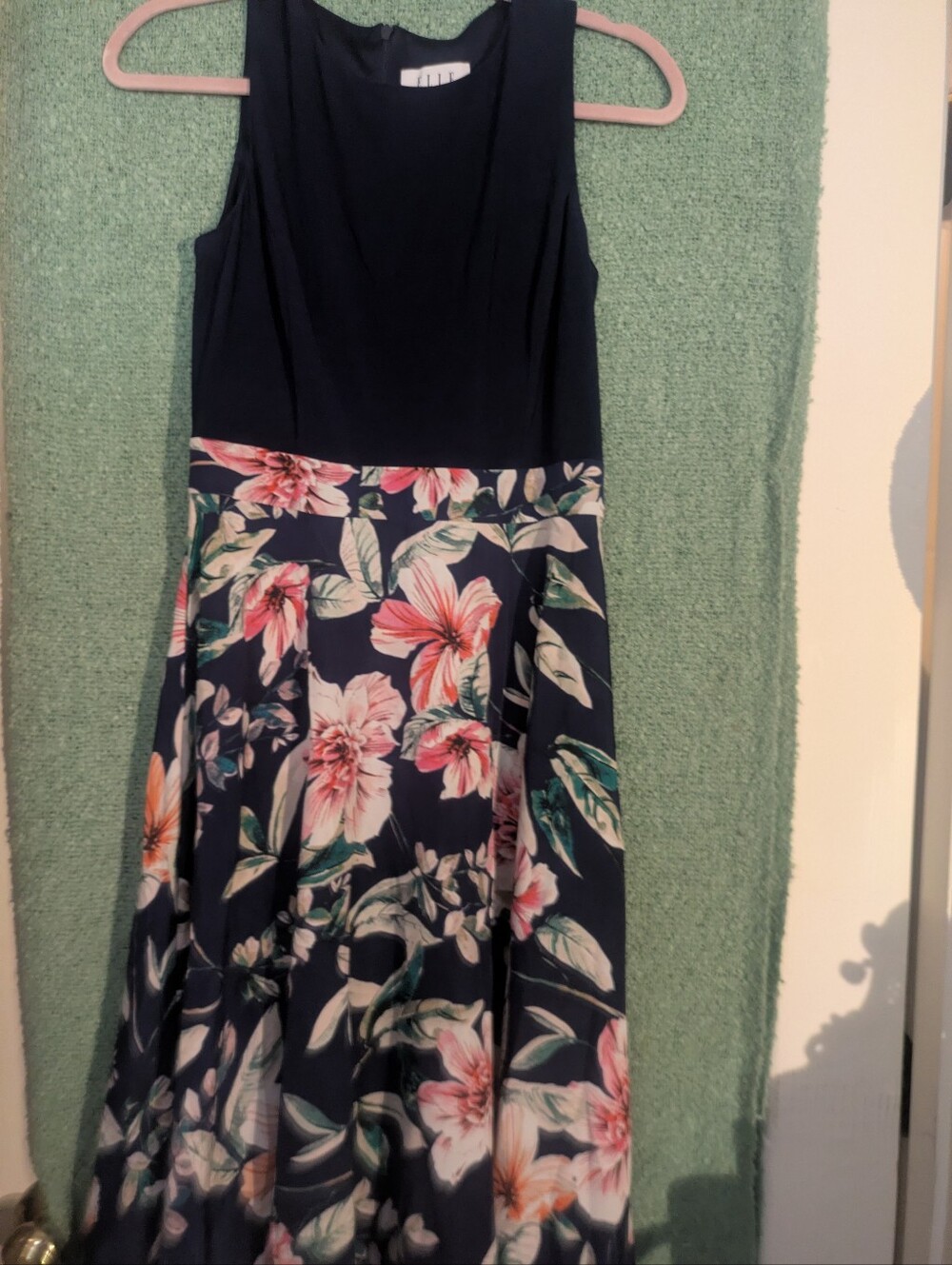 Elle Navy Asymmetrical Floral Midi Dress with Pink & Green Blooms